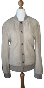 ZARA Goat Leather Suede Rib Trim Beige Jacket Bomber Size L M - Picture 1 of 13