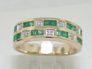 Smaragd Band Ring 585 Gold 14Kt Gold 16 natürliche Smaragde 7 Brillanten 