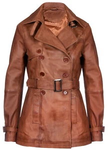 Ladies Leather TRENCH Coat Tan | Mid-Length Coat Classic Leather Jacket - Picture 1 of 7