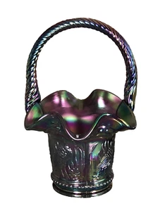 Brilliant Fenton Glass Purple Carnival Stork And Rushes Limited Edition Basket - Picture 1 of 11