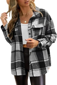 Giacca Da Donna a Scacchi Giacca a Maniche Lunghe Shacket Cappotto Flanella Cami - Foto 1 di 12