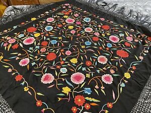 Vintage Hand Embroidered & Rolled Heavy Floral Design SILK PIANO SHAWL 38”x38”