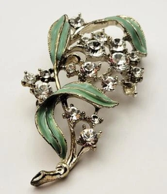 Vintage 50s Color Argento Smalto Verde Trasparente Strass Fiore Forma Spilla - Immagine 1 di 3