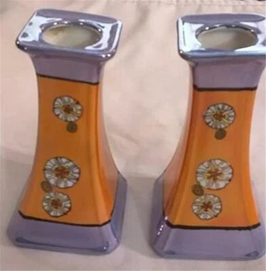 Paar Deko Noritake Kerzenleuchter Glanz Gold auf Blau & Orange Abstrakt Medaillons - Bild 1 von 6