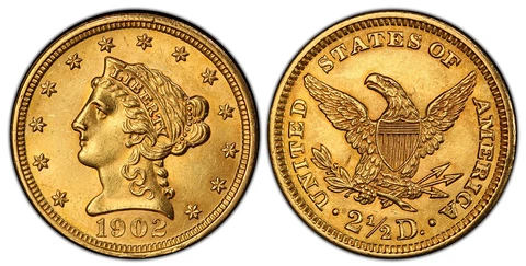 1902 AV $2.50 Quarter Eagle. PCGS MS63 Philadelphia No motto above eagle. KM 72 Cover