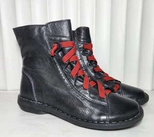 EFFEGIE Size 39 Subai-W, Black Leather Flat Boots, Red Laces, Zip-Up, PORTUGAL - Picture 1 of 13