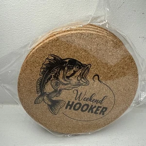 Husband Presents Coasters round cork drink Bass Fishing Weekend HOOKER - Picture 1 of 9