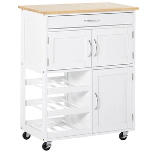 HOMCOM Rolling Kitchen Island Trolley Storage Cart w/ Rubberwood Top, White - Picture 1 of 11