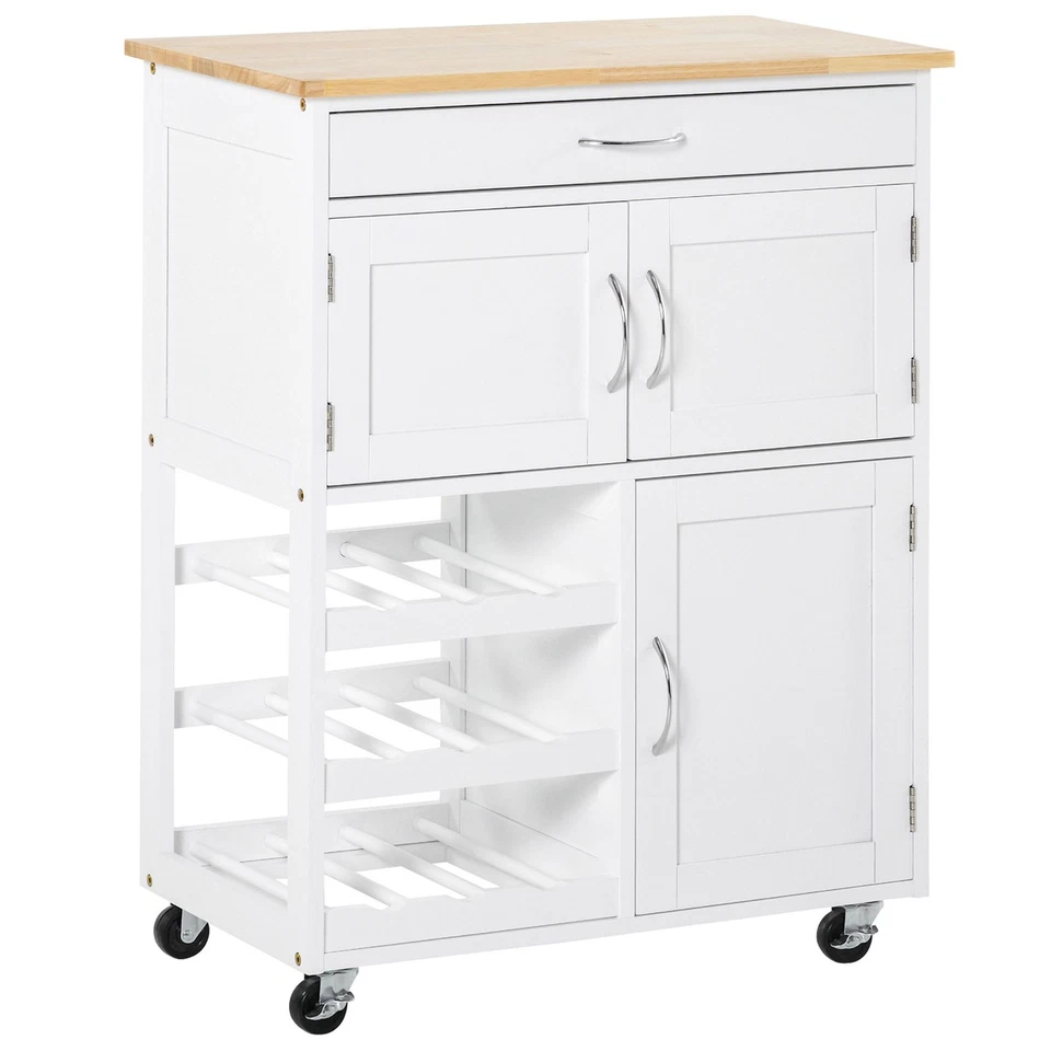 HOMCOM Rolling Kitchen Island Trolley Storage Cart w/ Rubberwood Top, White - Image 1 of 4