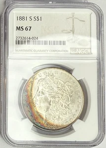 1881 S Morgan Silver Dollar $1 NGC MS67 ⭐️🌈☆FULL SPECTRUM OBVERSE TONING☆🌈 - Picture 1 of 2