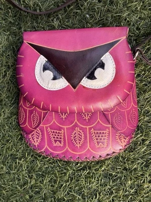 Bolsa de mão de couro rosa coruja feita à mão vintage tiracolo boho hippie - Imagem 1 de 4
