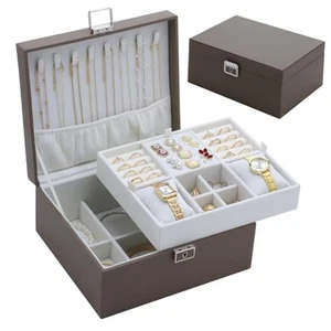 Schmuck Organizer Box für Mädchen Damen, großer Echtleder Schmuck grau - Bild 1 von 7
