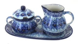 Blue Rose Polish Pottery Joanna Large Cream & Sugar Set with Tray - Picture 1 of 1