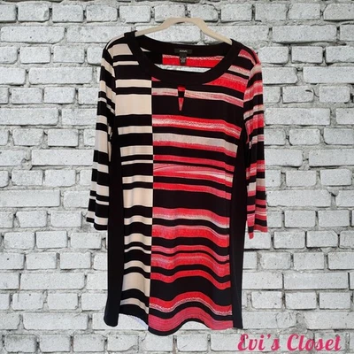 ALFANI Black Red White Multicolor Long Sleeve Striped Dress Keyhole Front, L - Image 1 of 4