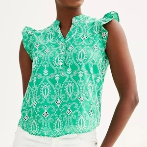 Draper James Green White Embroidered Ruffle Short Sleeve Split Neck Top Size XXL - Picture 1 of 15