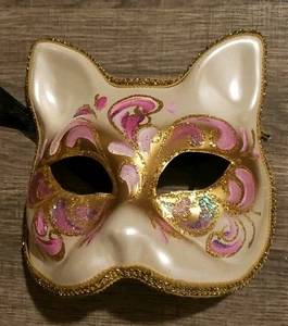 Maschera Halloween Gatto Martedì Grasso Dipinta a Mano Made in Italy Venezia Bianco Rosa Blu - Foto 1 di 4