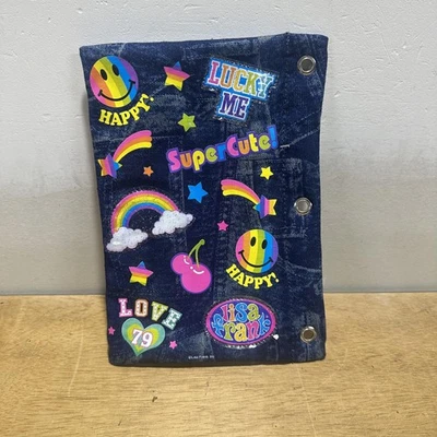 Lisa Frank Pencil Pouch 3-Ring Binder Zipper Denim Print Rainbow Smiley Window - Image 1 of 4