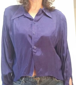 VTG 80s Womens L Blue Long Sleeve Rayon High Low Disco Blouse Shirt from Paris - Picture 1 of 6