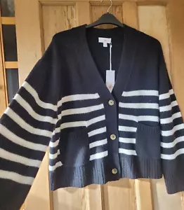 BNWT The White Company Breton Stripe Cardigan with Wool Sz XL, Black & Ivory - Picture 1 of 4