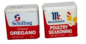 2 VTG Schilling EMPTY Spice Tins Ground Oregano + Poultry Seasoning Rooster-G8 - Picture 1 of 6