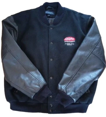 Port Authority Black Jacket Wool With Leather Sleeve Size XL Ralphs Logo - Image 1 of 4