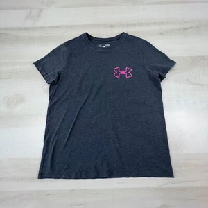 Under Armour Girls Top Youth Large Gray Loose Tee Shirt Pink Logo Short Sleeve - Picture 1 of 9