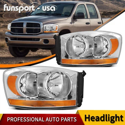 Headlights For 2006-2008 Dodge Ram 1500 2500 3500 Chrome Headlamps Amber Bar - Image 1 of 4