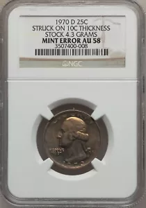 1970-D 25C Washington Qtr Struck On 10C Thickness Stock 4.3 Gram AU58 NGC (708) - Picture 1 of 2