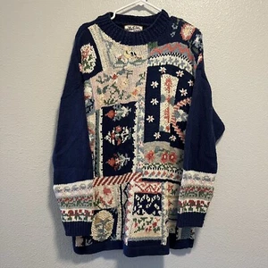 Heirloom Collectibles Knit Sweater Floral Patchwork Women Size Large Navy Blue - Bild 1 von 8