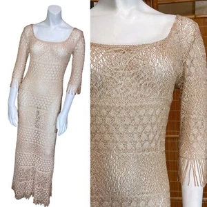 Vintage 90’s GOLD CROCHET DRESS Gatsby Flapper Costume Wedding Party Reception - Picture 1 of 10