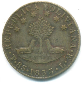 BOLIVAR REPUBLICA BOLIVIANA 8 SOLES 1833 SPILLA MONETA FALSO D'EPOCA - Foto 1 di 2
