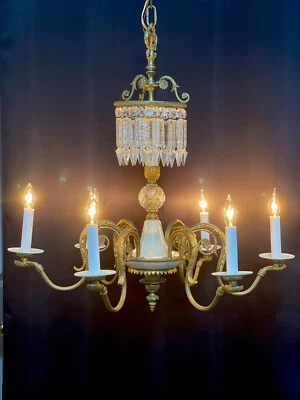 Vintage French Egyptian Revival Crystal Brass Chandelier Luster Spear Prisms - Image 1 of 4