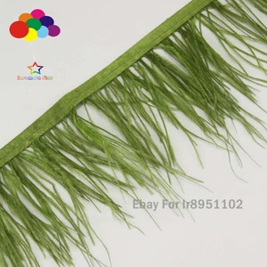 Factory Best Quality Bleached Army Green Ostrich Fringe Trim Feathers on Ribbons - Picture 1 of 10