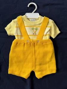 Vintage Soft Spun Baby Boy 12M Yellow Knit 2 PC Tennis Shortall Romper/Outfit - Picture 1 of 9