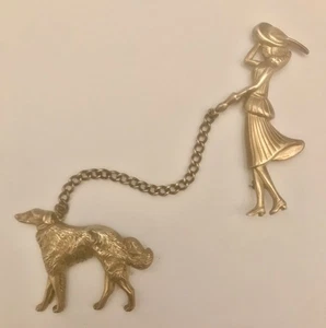 Vintage Coro Pegasus Chatelaine Lady Walking Borzoi Wolfhound Dog Pin Brooch - Picture 1 of 8