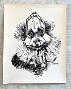 Clown Kunstdruck schwarz weiß Zeichnung von R.F. Jung Vintage - Bild 1 von 5