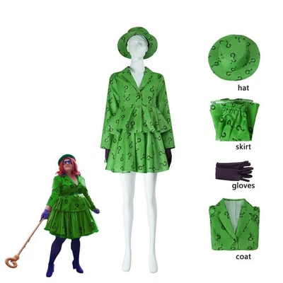 Woman Riddler- Cosplay Costume Gotham Green Coat Skirt Hat C- Halloween - Image 1 of 4