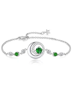 Women Moon Star Chain Bracelet 5ct Round Simulated Emerald 14k White Gold Plated - Picture 1 of 9