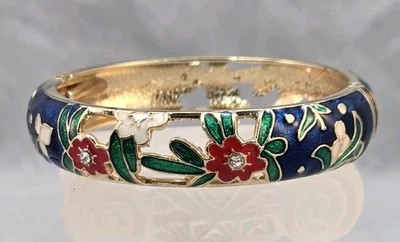 Blue Multicolor Flower Theme Enamel Rhinestone Gold Tone Hinged Bangle Bracelet - Image 1 of 4