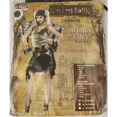 Aviador Hada Gótico Steampunk Adulto Pequeño Disfraz Marrón Verde Alas Sombrero Top Falda Foto 1 de 3
