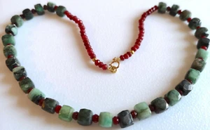 *9K SOLID GOLD ESTATE ANTIQUE 100% NATURAL UNTREATED MINES/EARTH EMERALD NECKL. - Picture 1 of 11