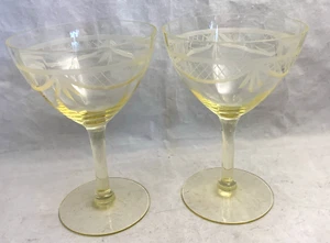 Topaz Yellow Champagne Elegant Glass Etched Swag Draped Criss Cross Vtg Set-2 - Picture 1 of 8