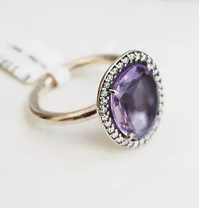 Genuine Pandora Silver Cocktail Ring with Amethyst and CZ - 190893AM Size 54 - Foto 1 di 3
