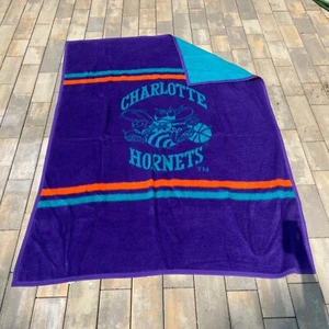VTG 90's Charlotte Hornets Blanket Biederlack Fleece Throw Purple & Turquoise - Picture 1 of 14