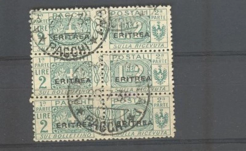 Colonie. ERITREA. Striscia di tre del 2 lire verde pacchi... - Immagine 1 di 2