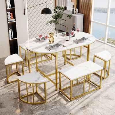 Esszimmertisch Set MDF Sitzkissen Mit Sechs Stühlen Moderne Luxustische Stühle - Bild 1 von 4