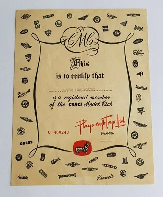 Molto Raro Originale Corgi Giocattoli 1960's Club Certificato Superbo N Mint - Immagine 1 di 4
