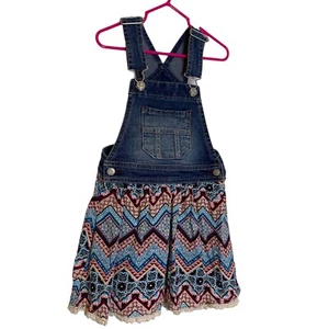 Jordache Overall Girl Dress XS 4-5 Southwestern Print Skirt Denim Fringe - Picture 1 of 13