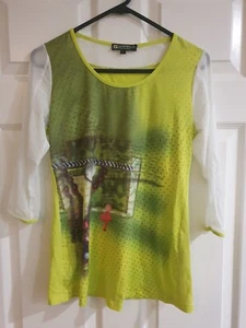 GABRIELLA FRATTINI Womens 3/4 sleeve knit top Green Cream with motif Sz 8 EUC - Picture 1 of 2