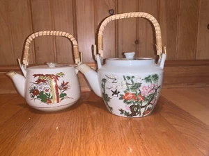 Vintage alte japanische Teekannen bemalt ein Vogel, Blumen Bambus umwickelter Griff - Bild 1 von 8